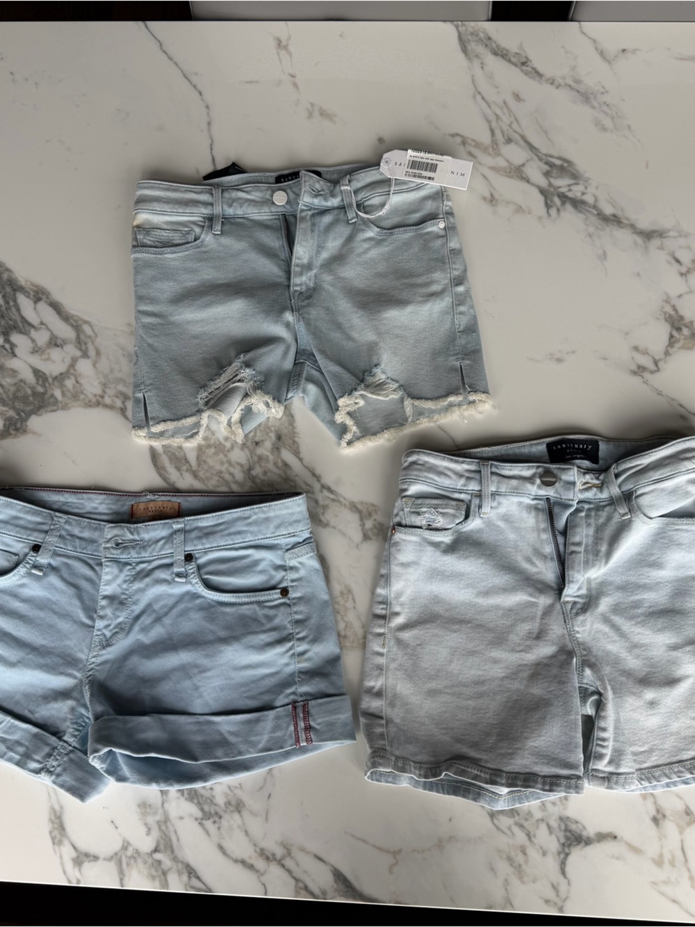 3 pairs Sz 25 Sanctuary denim distressed and stone washed shorts.  EUC and VGUC